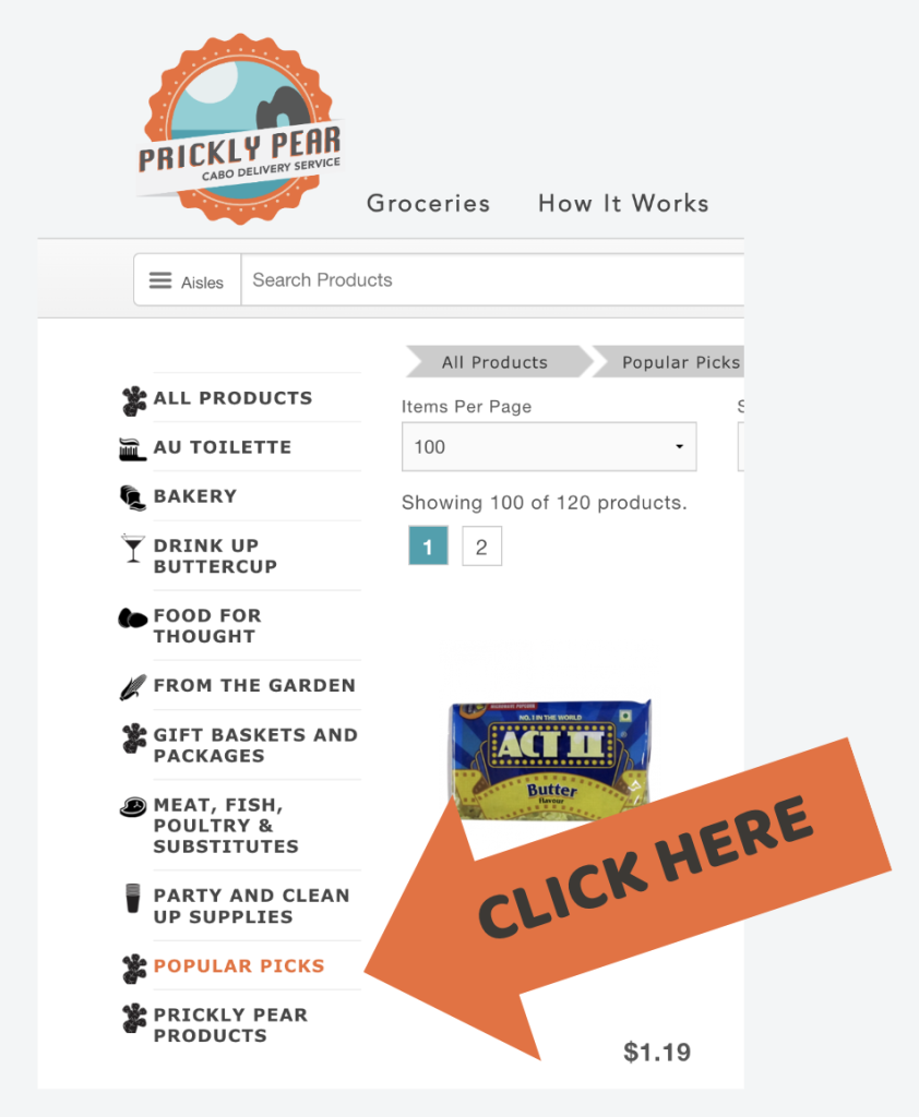Arrow pointing at Prickly Pear Cabo's popular picks category.